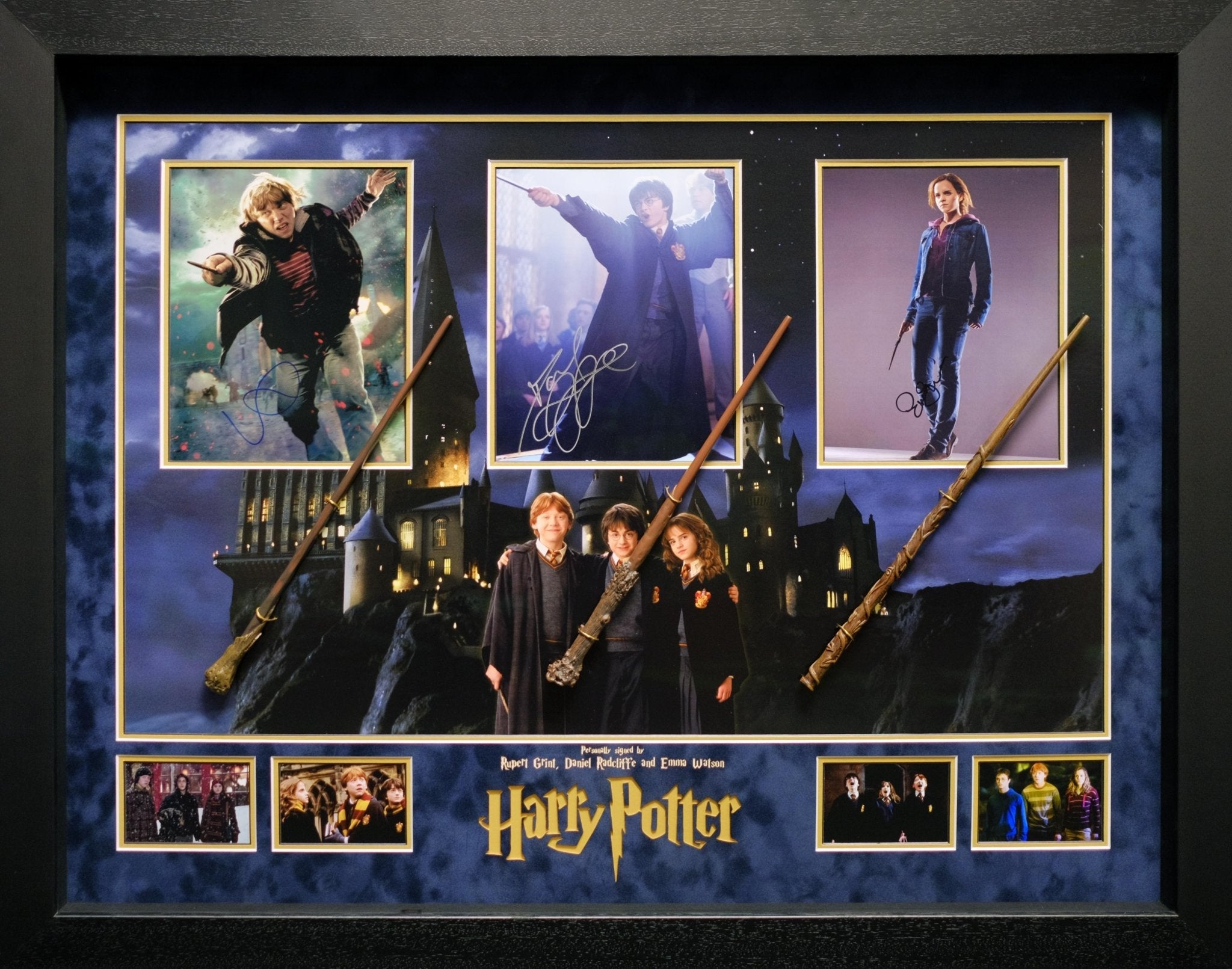Harry Potter, Ron and Hermione Signed Framed Display with Wands - Memorabilia Framers Shop